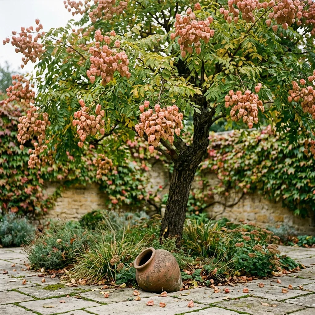 Savonnier couvert de lanternes rosées dans une cour-jardin dallée — SemiSauvage