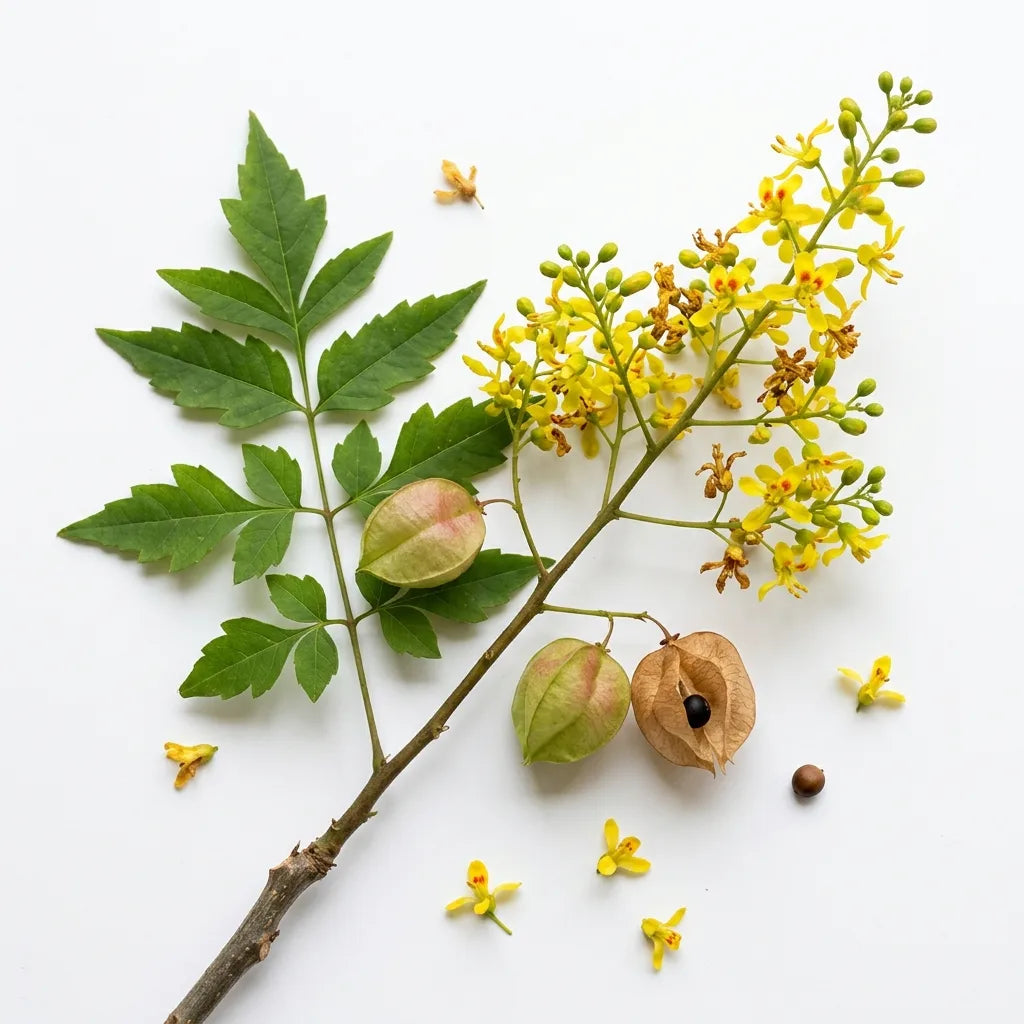 Rameau de Koelreuteria paniculata, panicule jaune, feuille dentée et lanternes, sur fond blanc — SemiSauvage