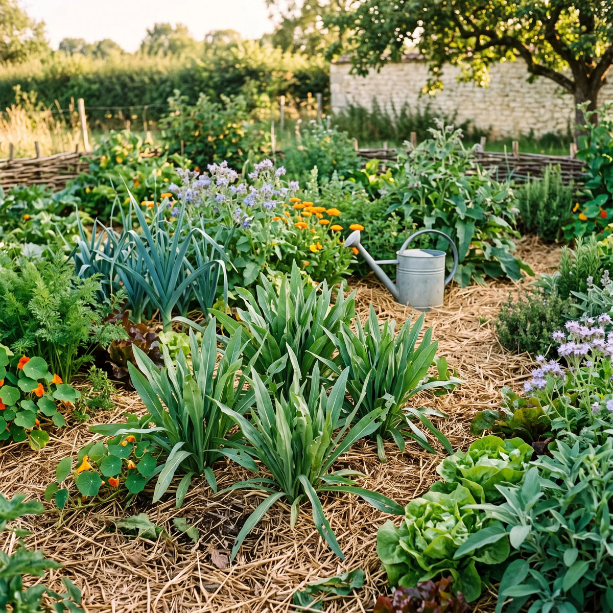 Scorsonère cultivée en association au potager en permaculture avec carottes, poireaux et fleurs