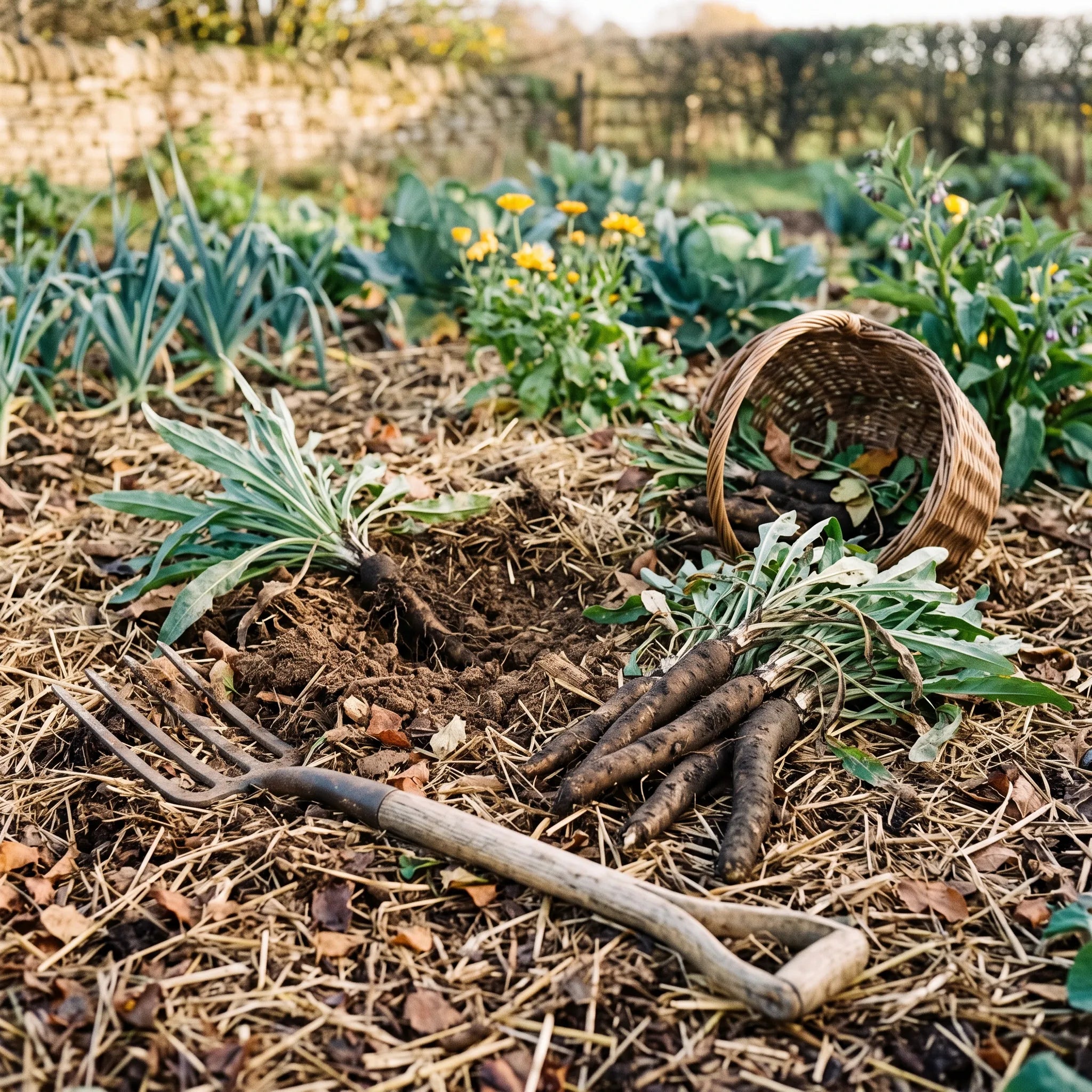 Récolte d'automne des racines de scorsonère à la fourche-bêche