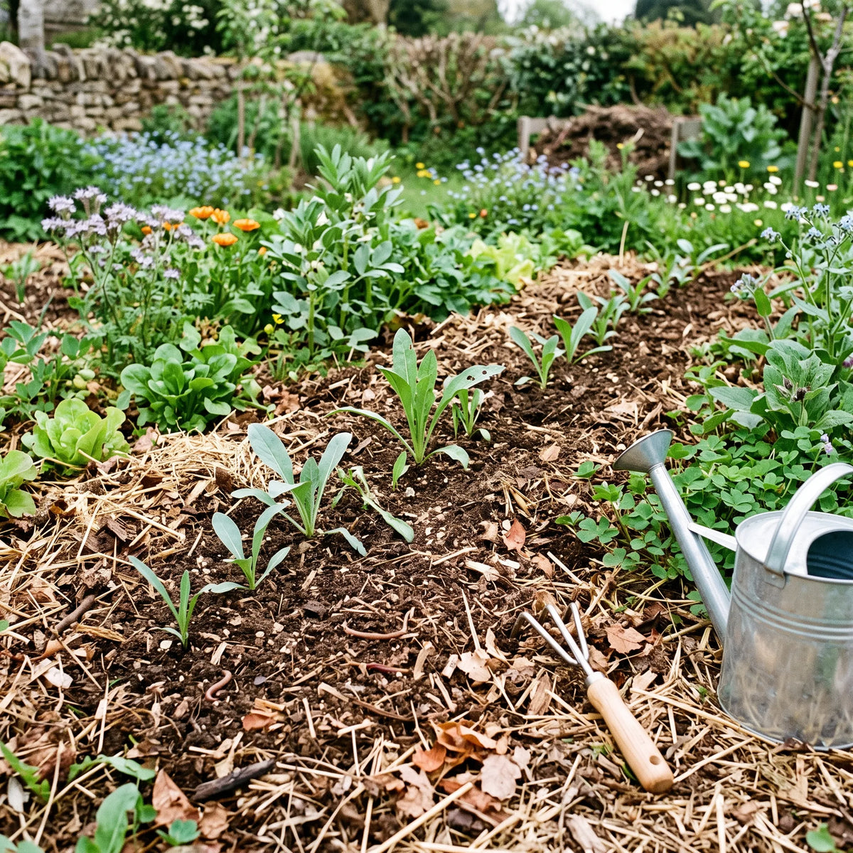 Semis de scorsonère en place sur sol vivant paillé dans un jardin en permaculture