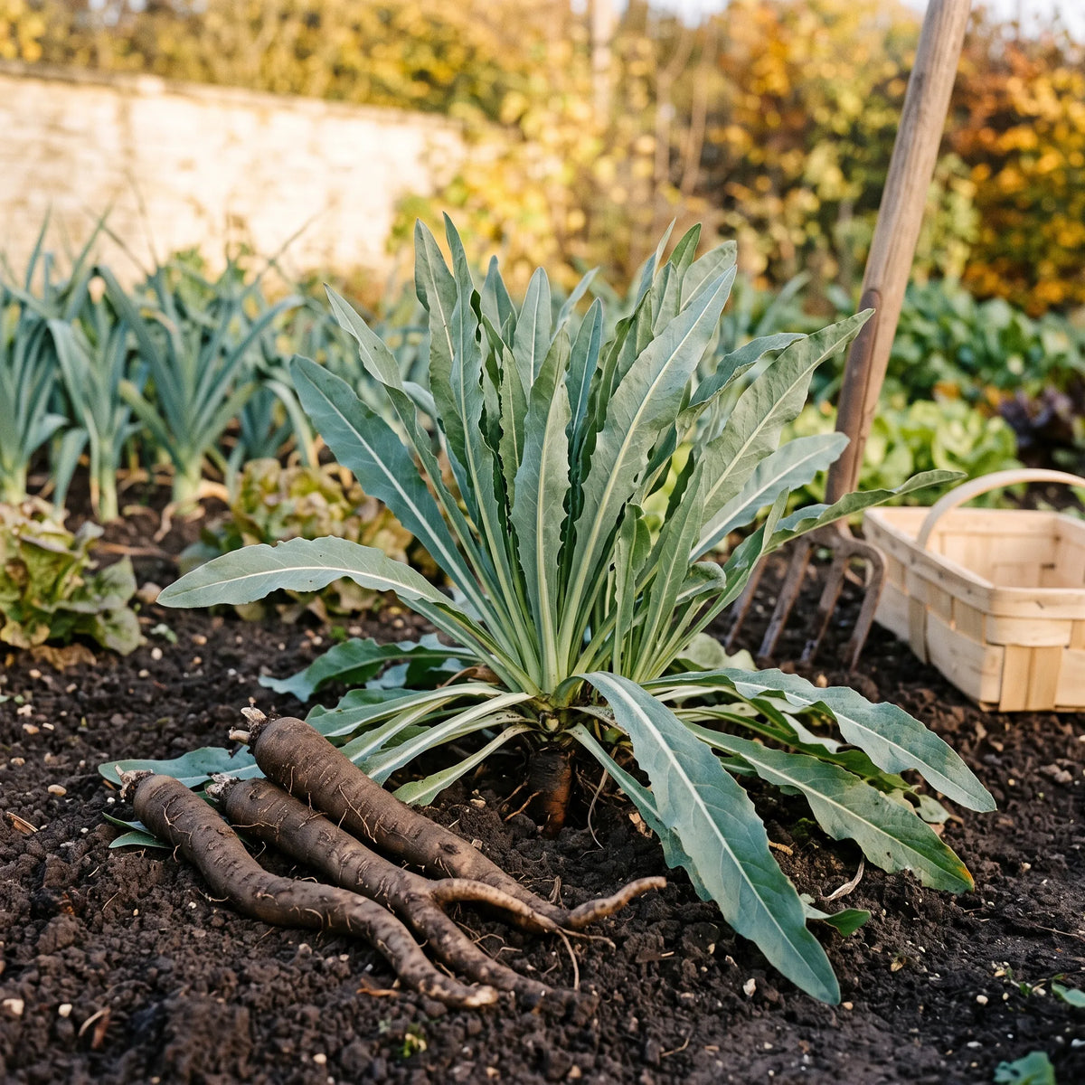 Touffe de scorsonère au potager et racines noires fraîchement arrachées