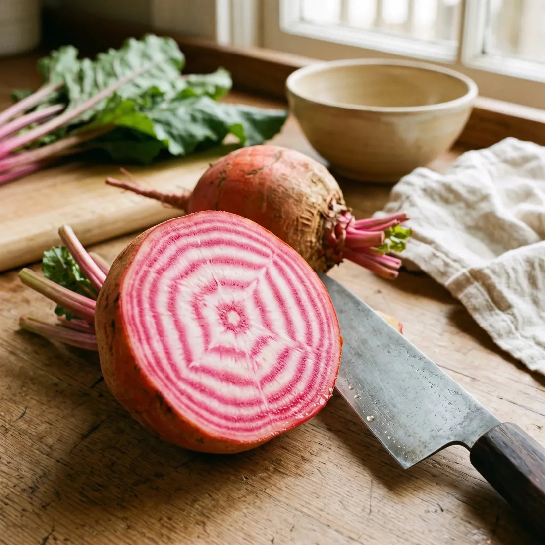 Betterave Chioggia coupée montrant ses anneaux concentriques roses et blancs.
