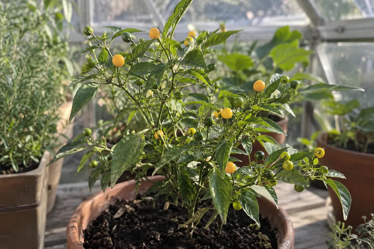 Petits piments Aji Charapita jaunes et verts sur un plant cultivé en pot sous abri.