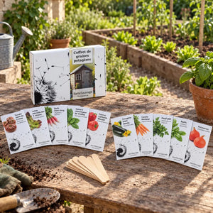 Coffret Jardinier Débutant SemiSauvage et ses dix sachets de graines près du potager.