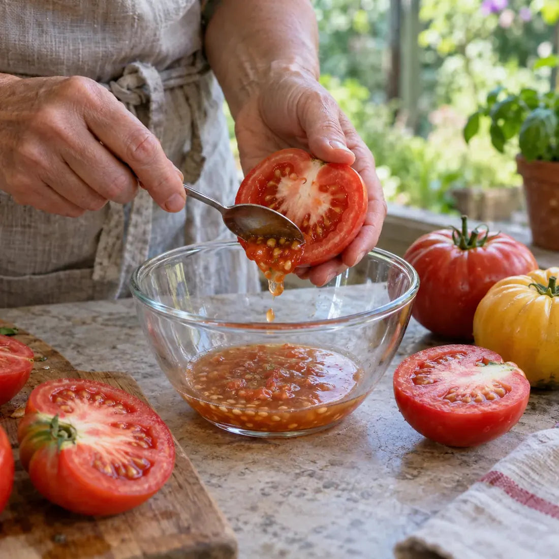 Récupération des graines d’une tomate coupée au-dessus d’un saladier en verre.