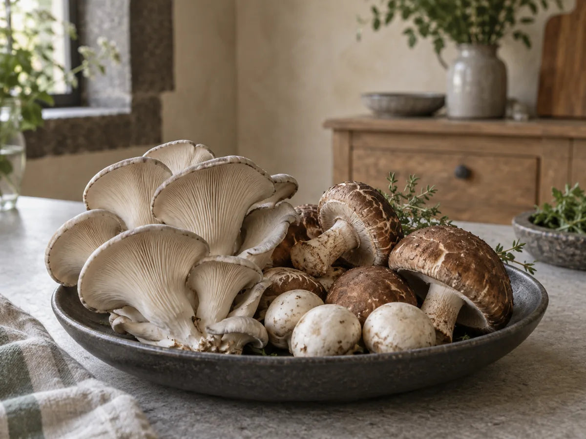 Pleurotes, shiitakés et champignons de Paris présentés sur un plat en grès.