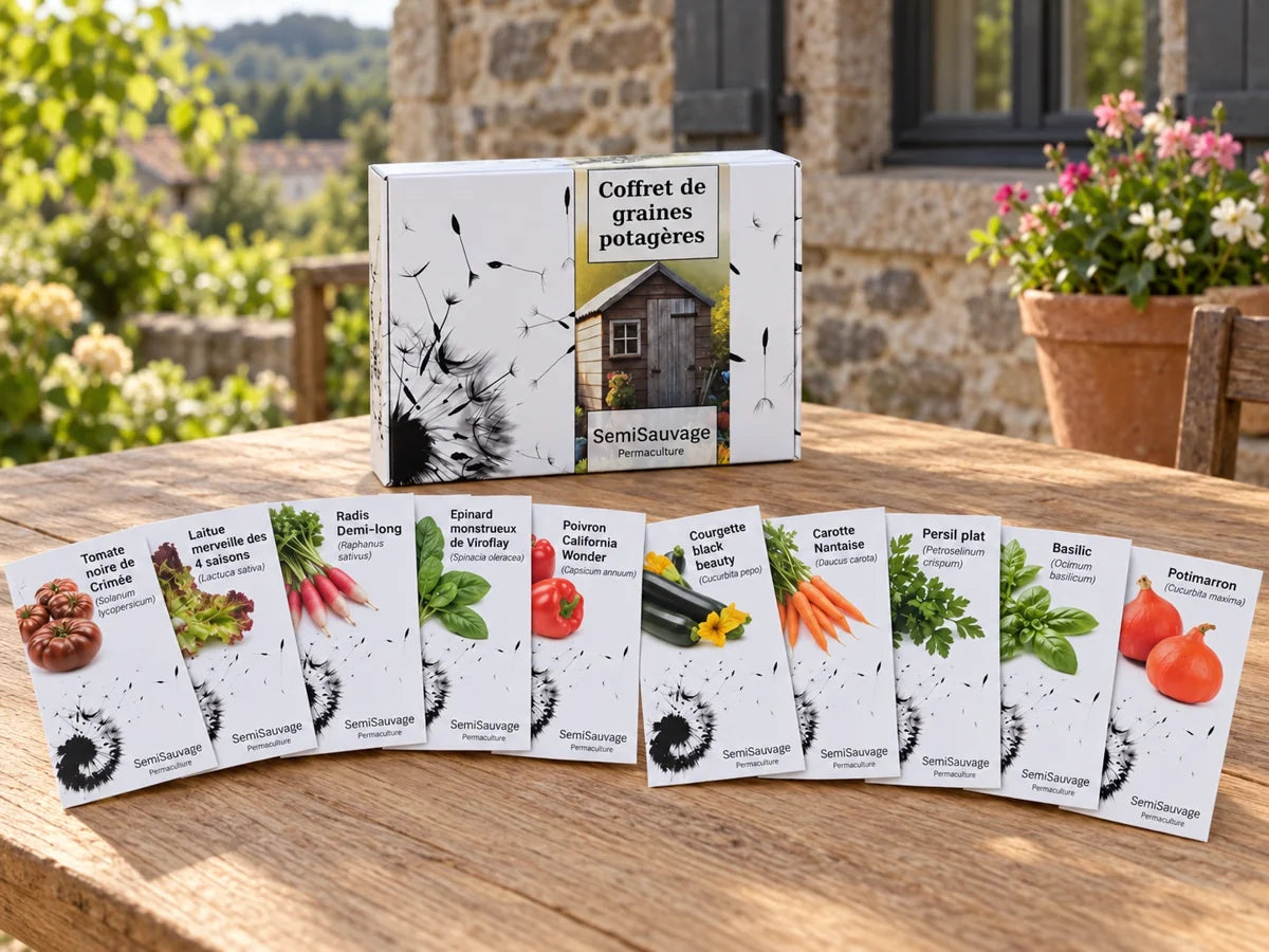Coffret de graines potagères SemiSauvage et ses dix sachets, présentés sur une table près du jardin.