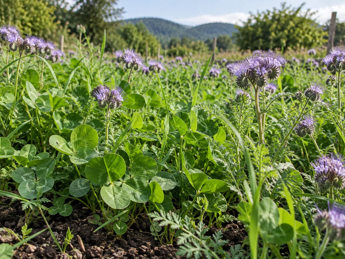 Couvert végétal de trèfle et de phacélie en fleurs au jardin.