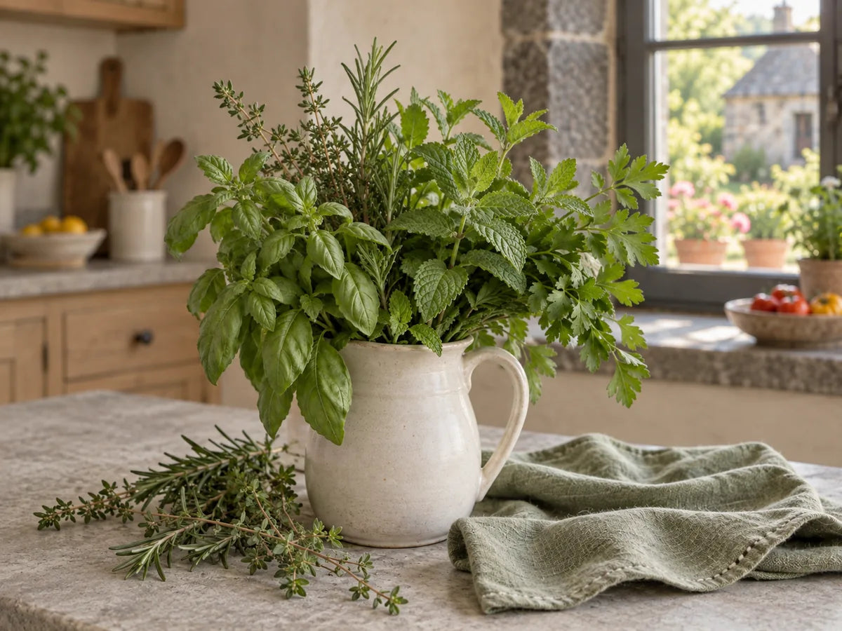 Bouquet de basilic, menthe et persil, avec thym et romarin dans une cuisine lumineuse.