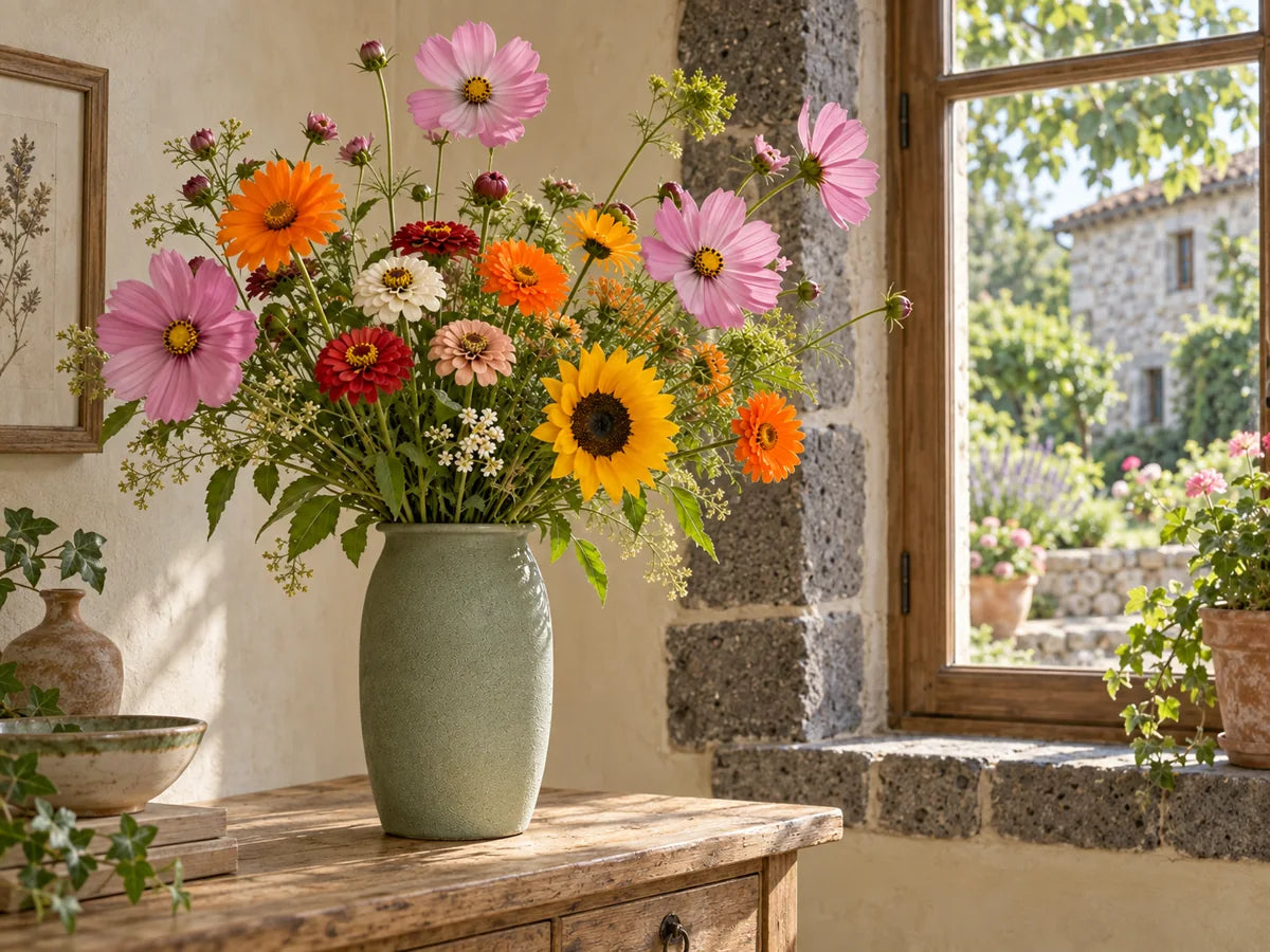 Bouquet de cosmos, soucis, zinnias et tournesol dans un vase en céramique.