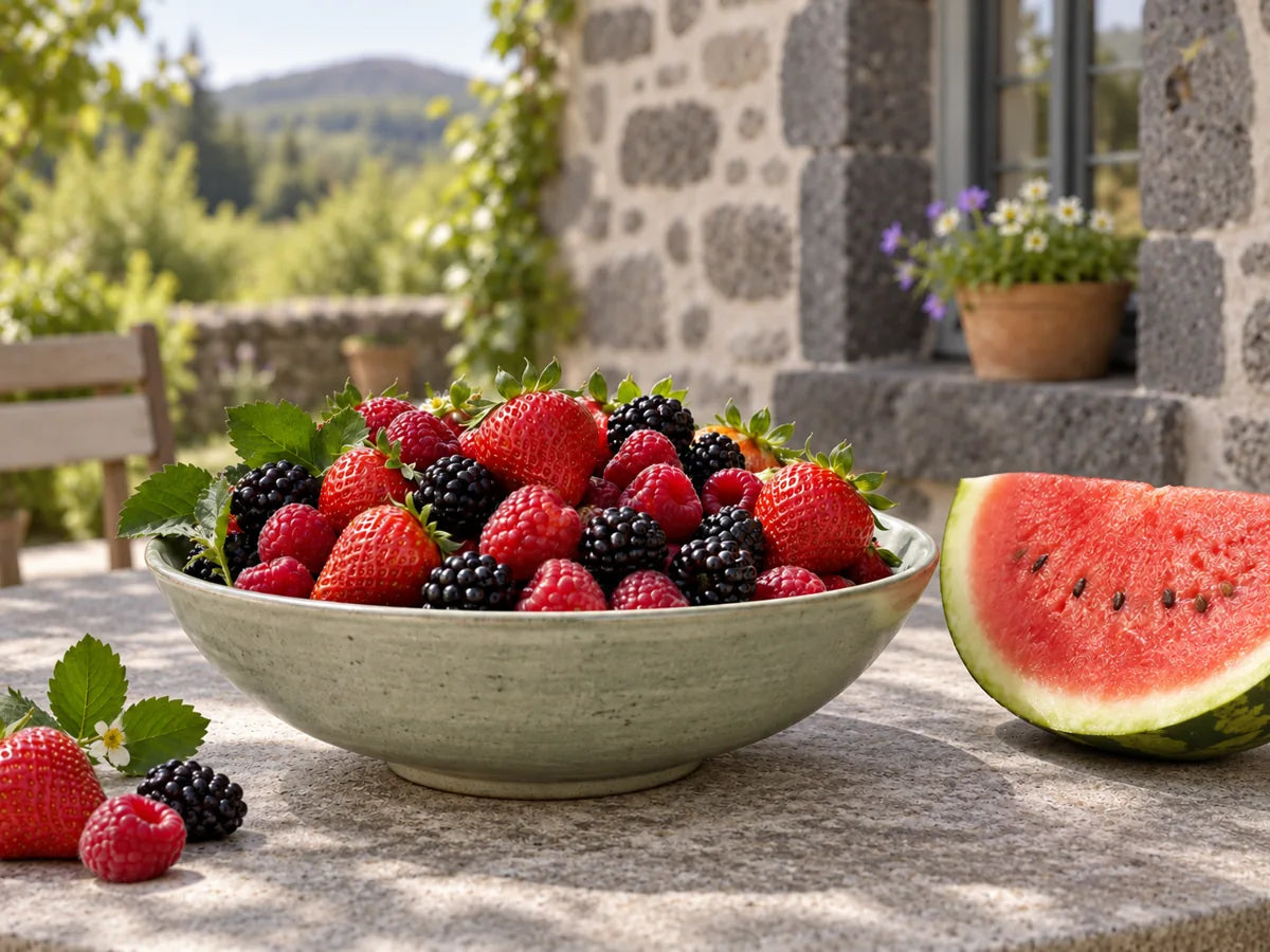 Fraises, framboises, mûres et tranche de pastèque sur une table de jardin.