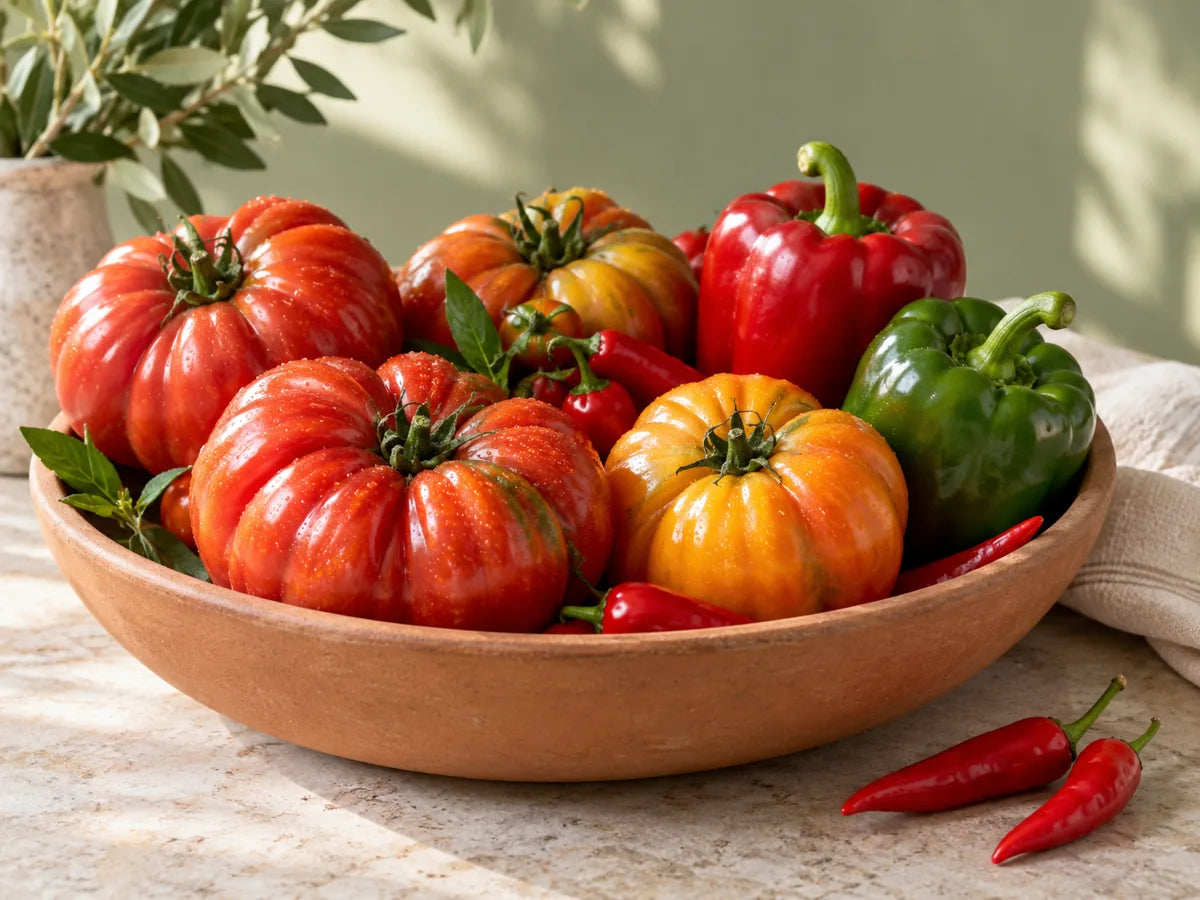 Tomates côtelées rouges et jaunes, poivrons et petits piments dans une coupe.