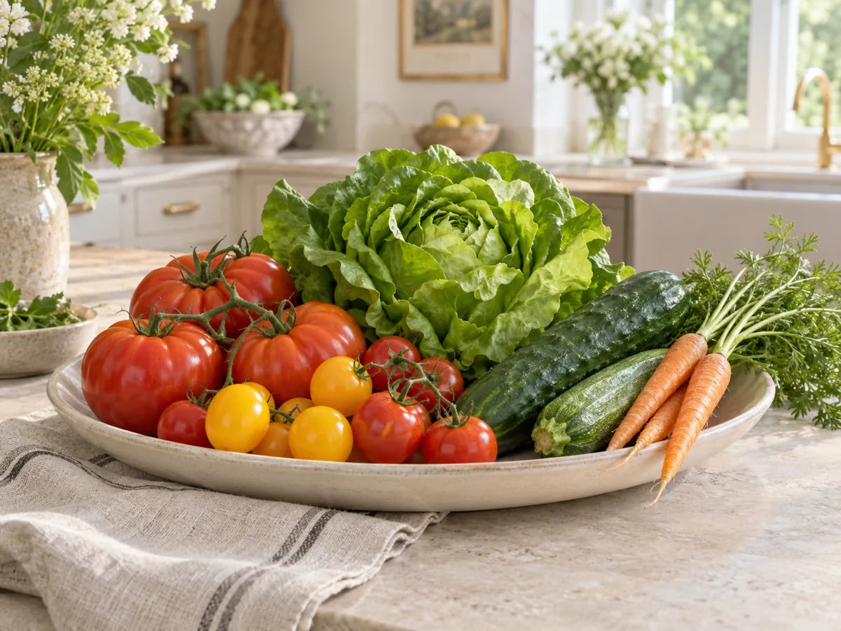 Récolte variée de tomates, carottes, laitue, concombre et courgette.