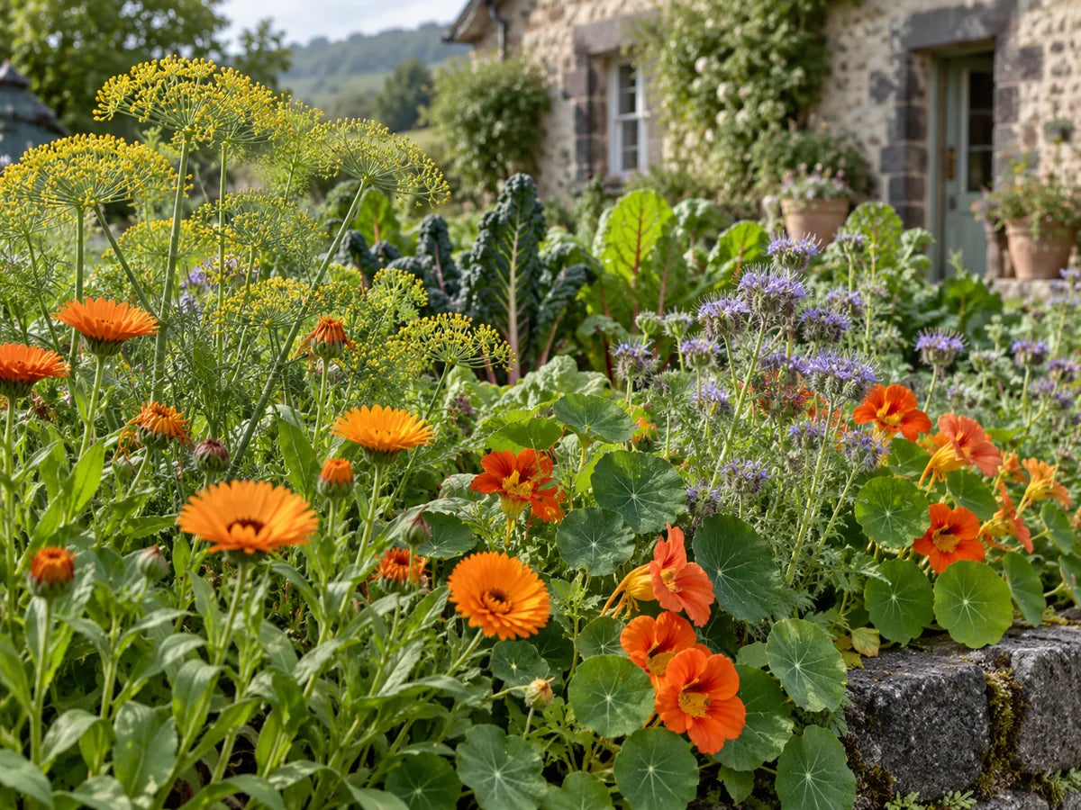 Soucis, capucines, ombelles et phacélie associés aux légumes du jardin.