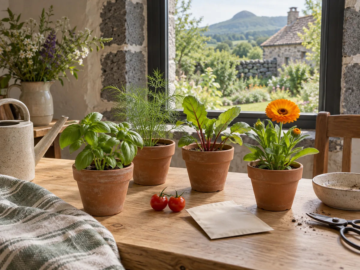 Jeunes plantes et fleurs en pots près d’une fenêtre donnant sur le jardin.