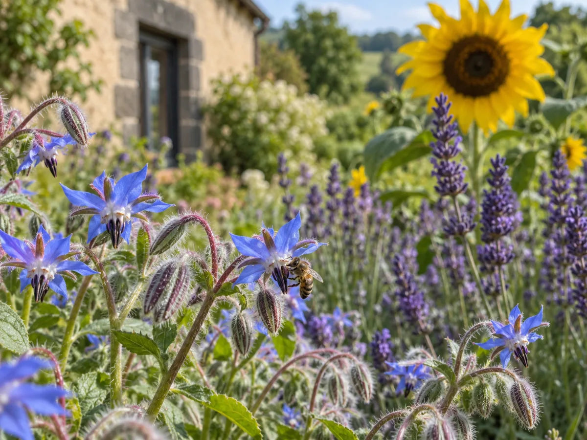 Abeille sur une fleur de bourrache, avec lavande et tournesol au jardin.