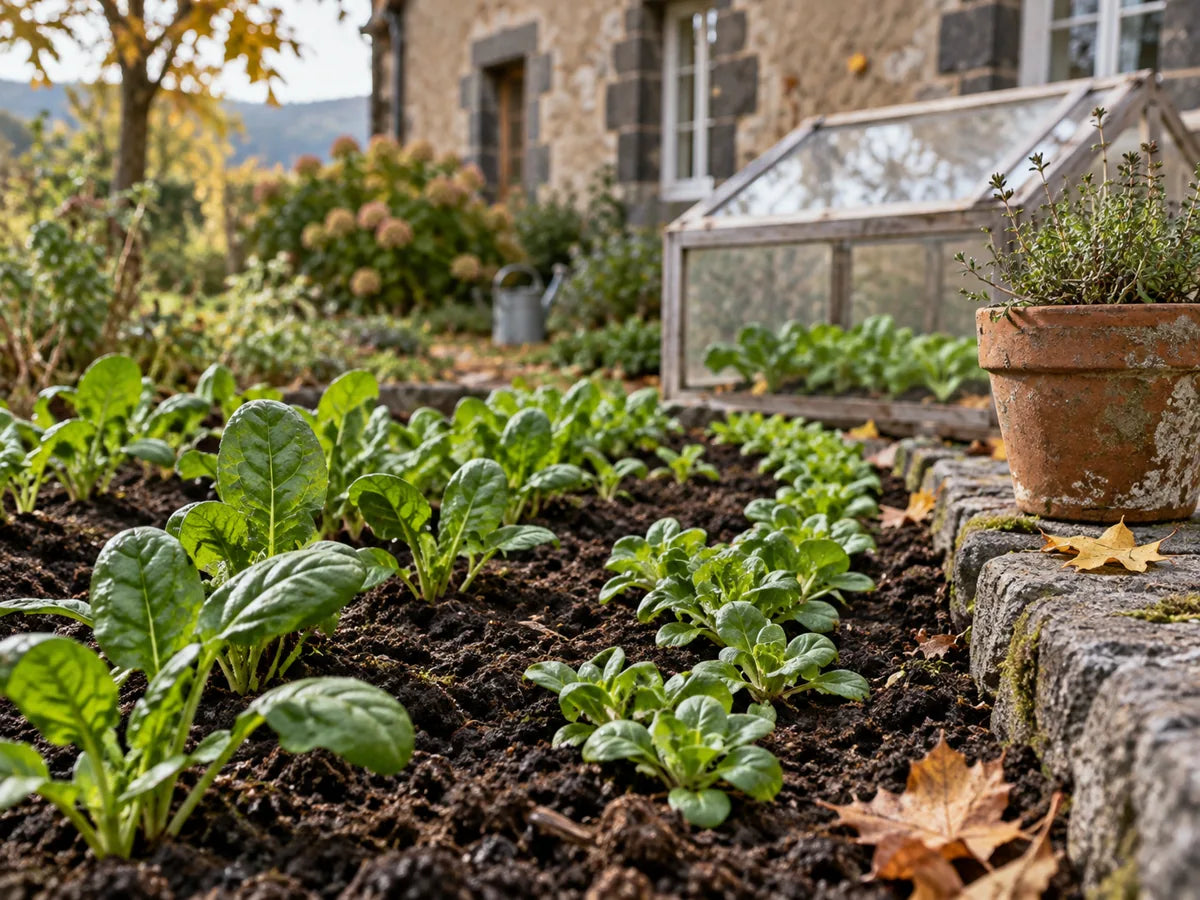 Jeunes épinards et mâche près d’un châssis dans un jardin d’automne.