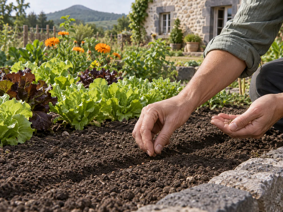 Mains semant des graines dans un sillon au potager en été.