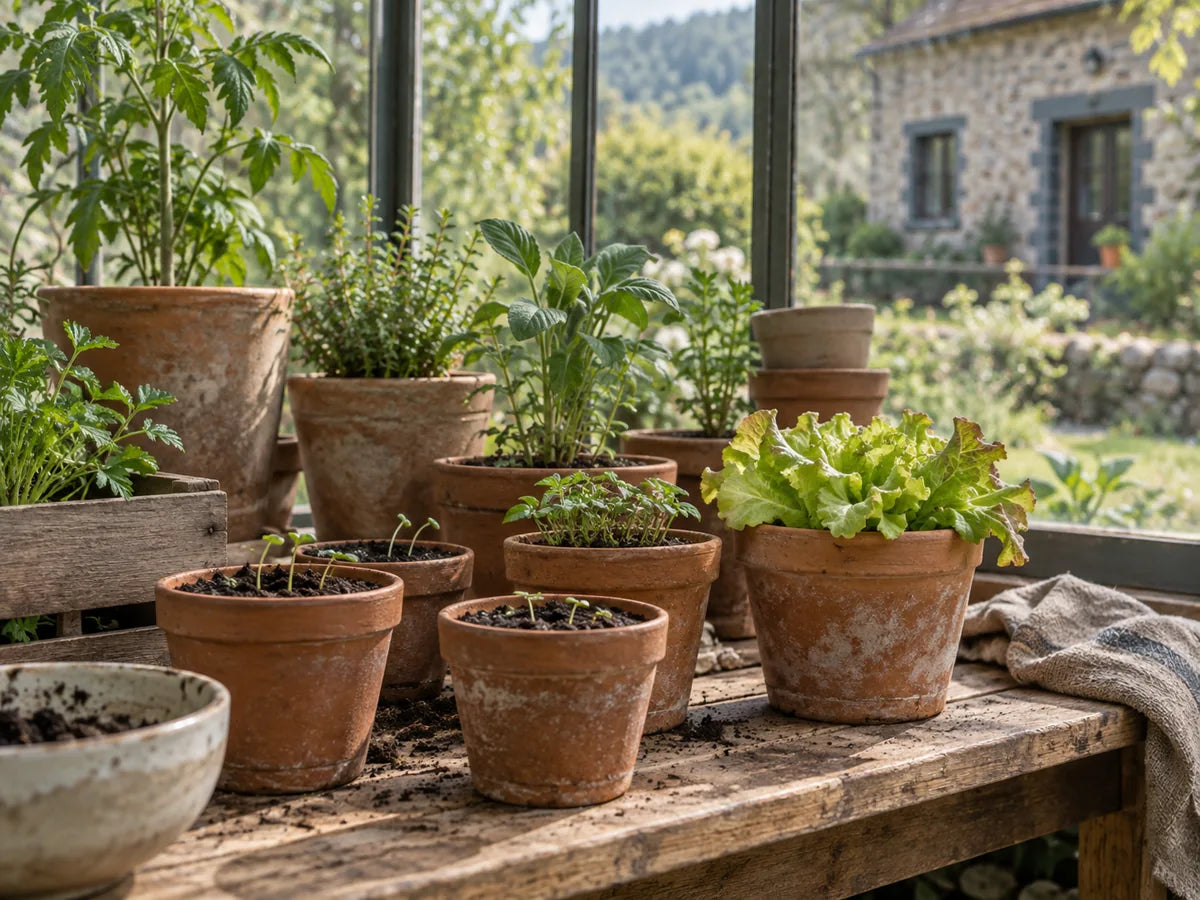 Pots de semis et jeunes plantes à différents stades dans une serre.