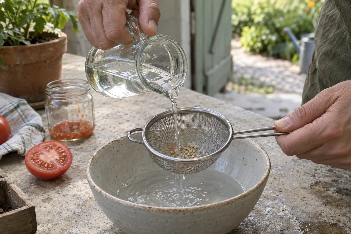 Rinçage de petites graines de tomate dans un tamis fin, au-dessus d’un saladier.