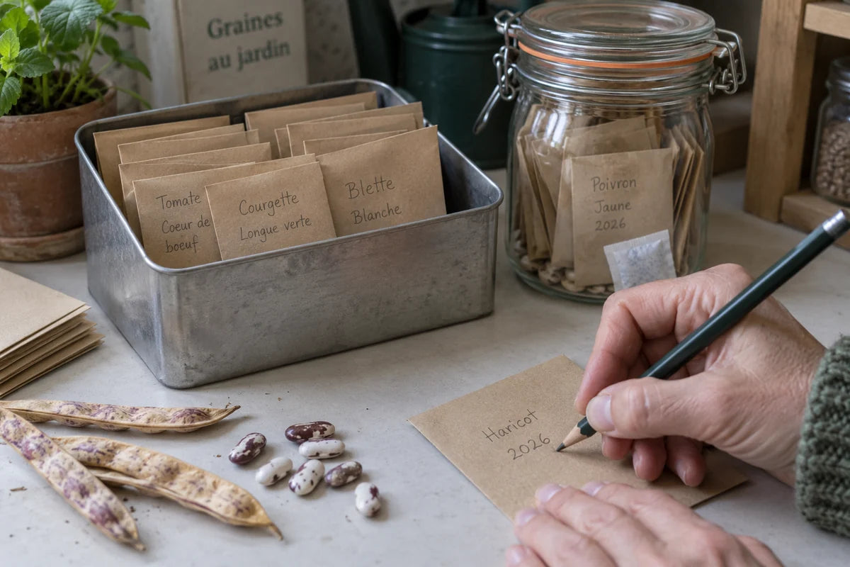 Étiquetage d’une enveloppe de graines près de sachets kraft rangés dans une boîte métallique et un bocal.