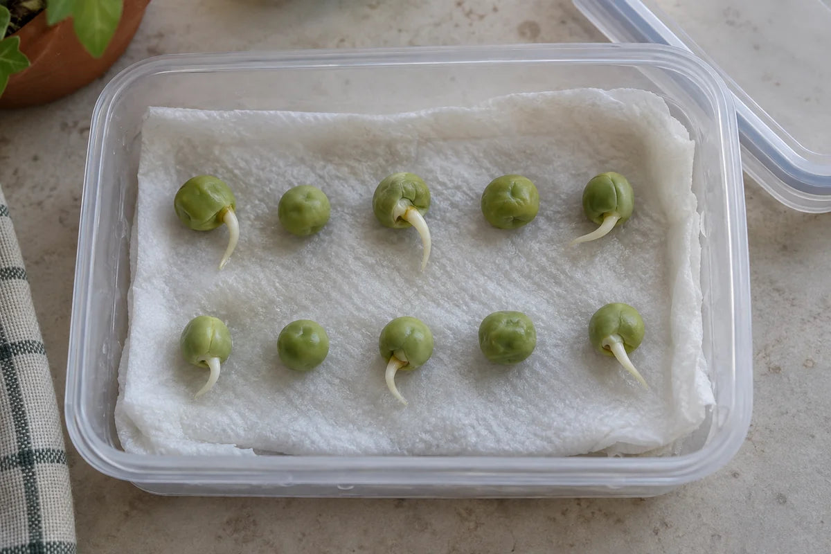 Dix graines de pois sur du papier humide dans une boîte, dont six ont émis une radicelle blanche.