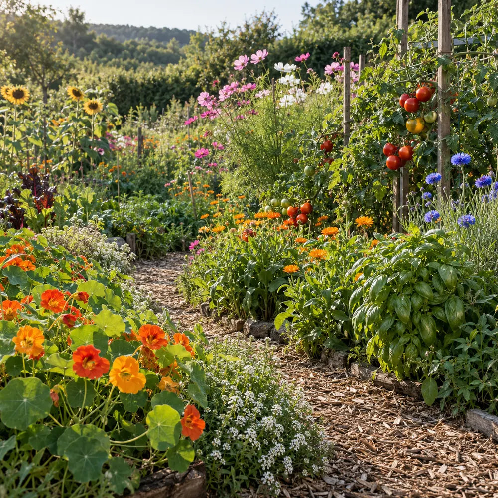 Jardin en permaculture mêlant capucines rampantes, fleurs de différentes hauteurs, basilic et plants de tomates.