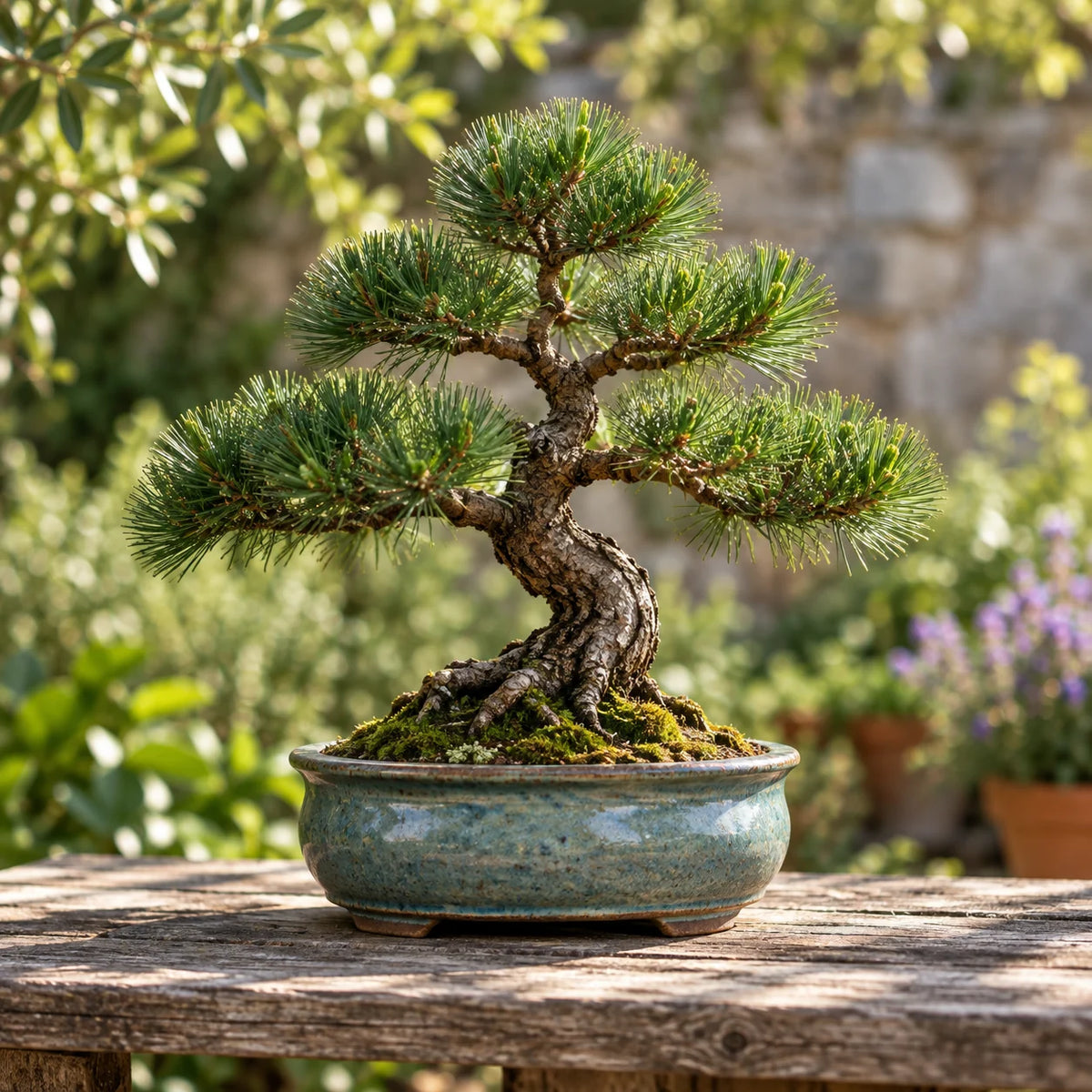 Bonsaï de pin dans un pot en céramique, sur une table de jardin