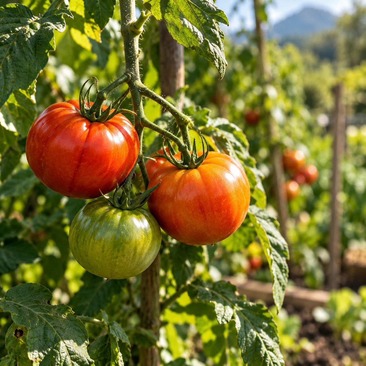 Tomates rondes rouges et orangées sur pied dans un potager