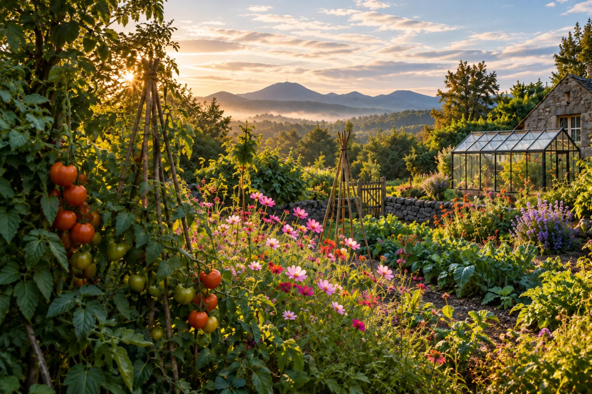 Jardin fleuri avec tomates et serre, devant un paysage inspiré de la chaîne des Puys en Auvergne.