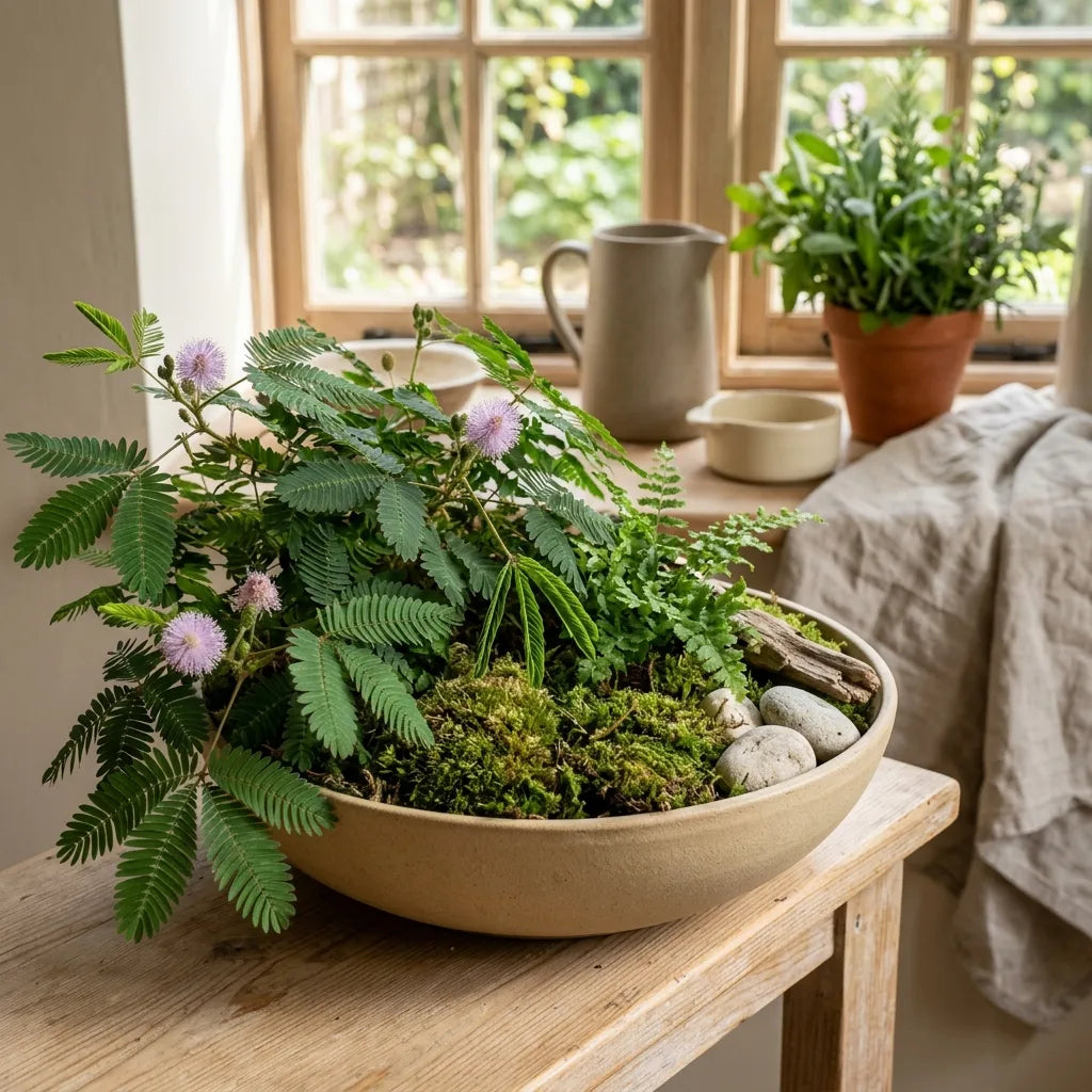 Jardin miniature de sensitives dans une coupe de céramique — SemiSauvage