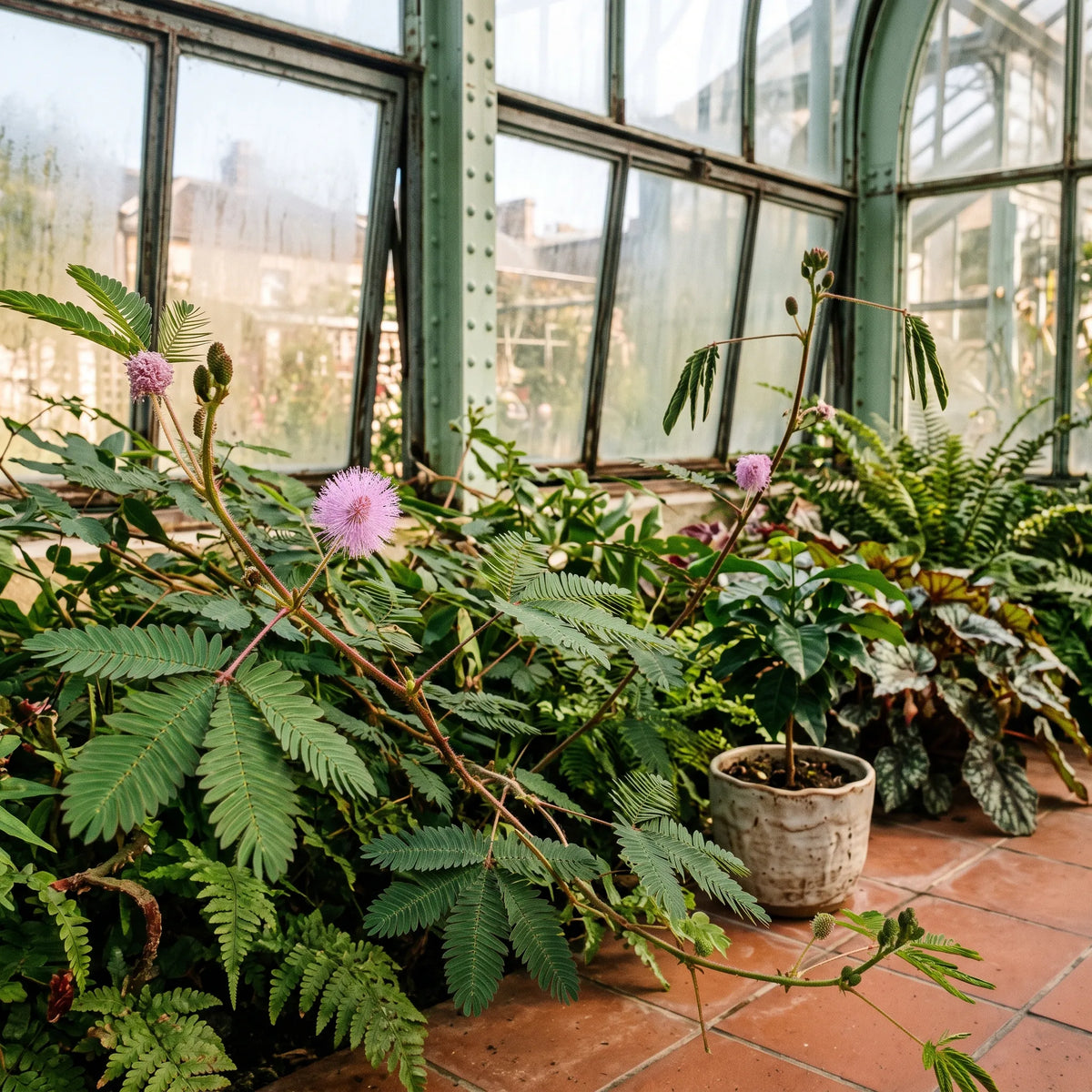 Sensitives en fleur dans un jardin d'hiver vitré — SemiSauvage
