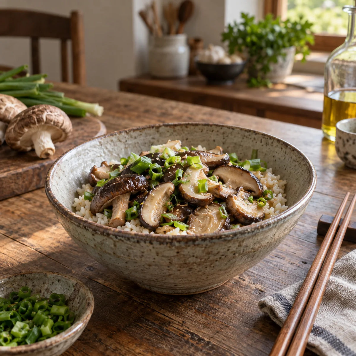 Bol de riz aux shiitakés cuisinés et à la ciboule.