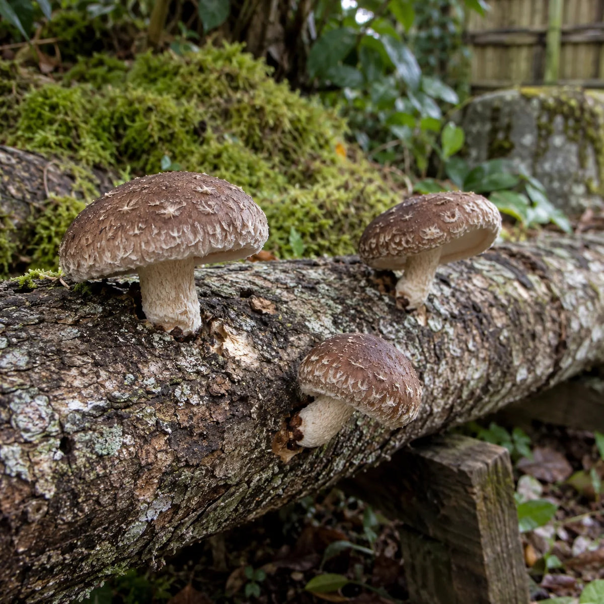 Shiitakés sur une bûche de feuillu dans un jardin ombragé.