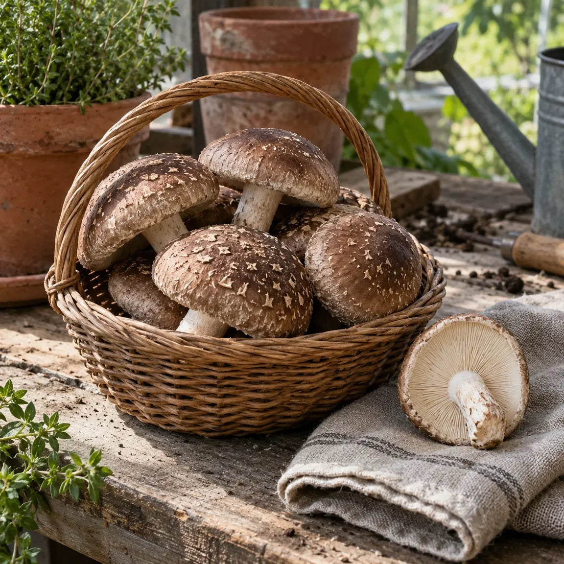 Shiitakés frais dans un petit panier sur une table en bois.
