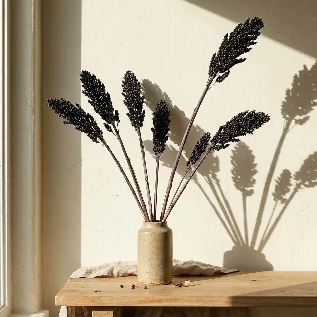 Bouquet sec de panicules de sorgho noir dans un vase de grès — SemiSauvage