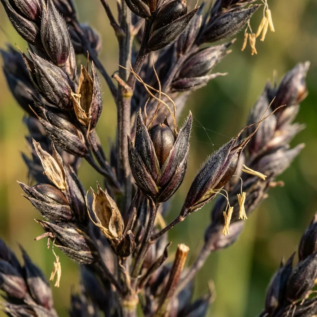 Macro de la panicule de sorgho noir : épillets par paires et glumes coriaces — SemiSauvage