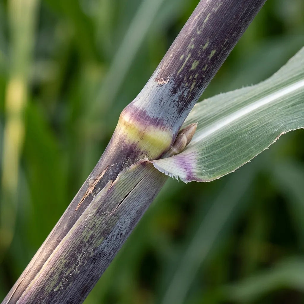 Macro du chaume pourpre du sorgho noir et de son nœud renflé — SemiSauvage