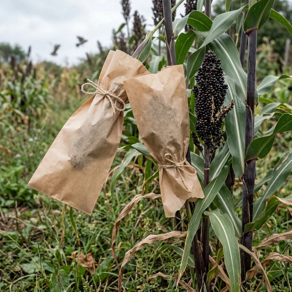 Panicules de sorgho noir protégées des oiseaux par un sac de papier — SemiSauvage