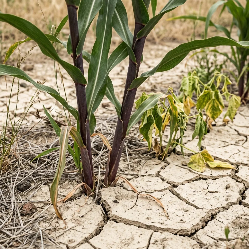 Sorgho noir vigoureux sur sol craquelé en pleine sécheresse — SemiSauvage