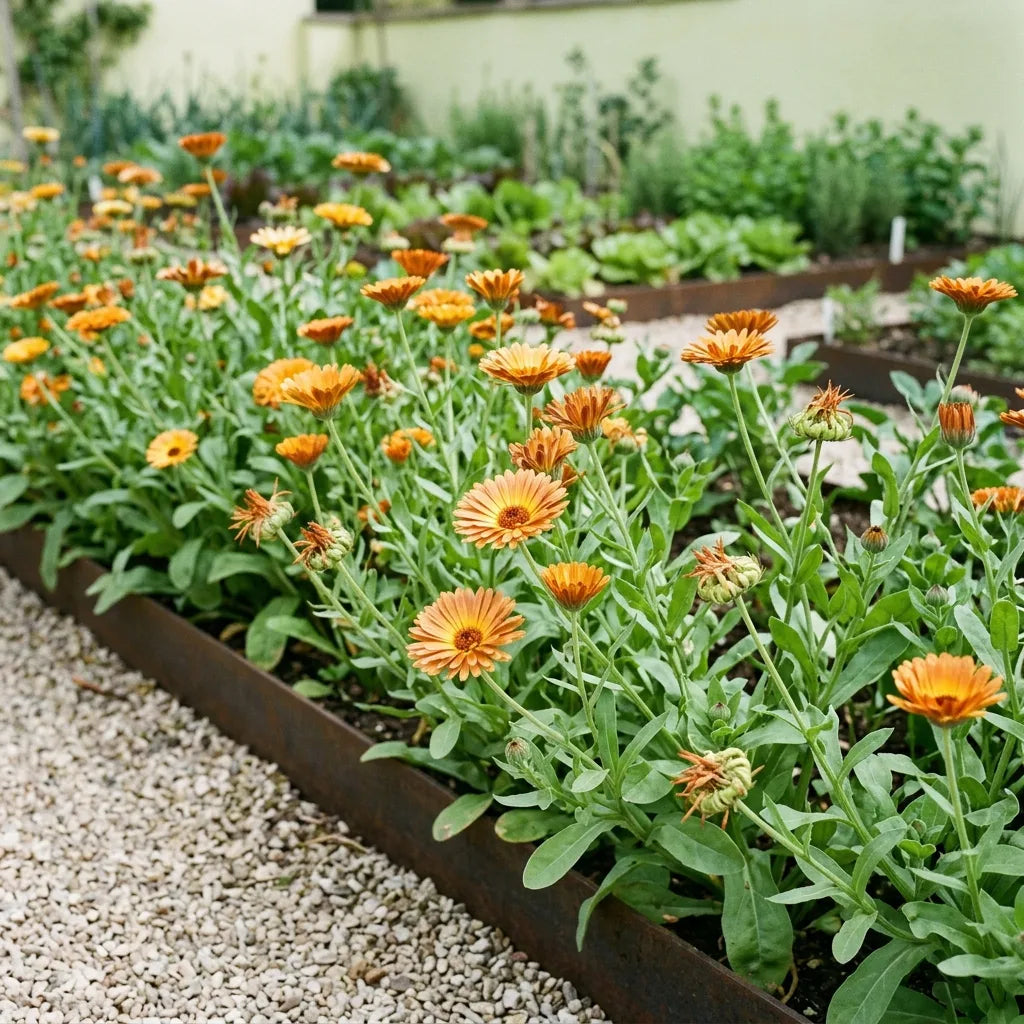 Bordure de soucis en pleine floraison le long d'une planche de potager — SemiSauvage