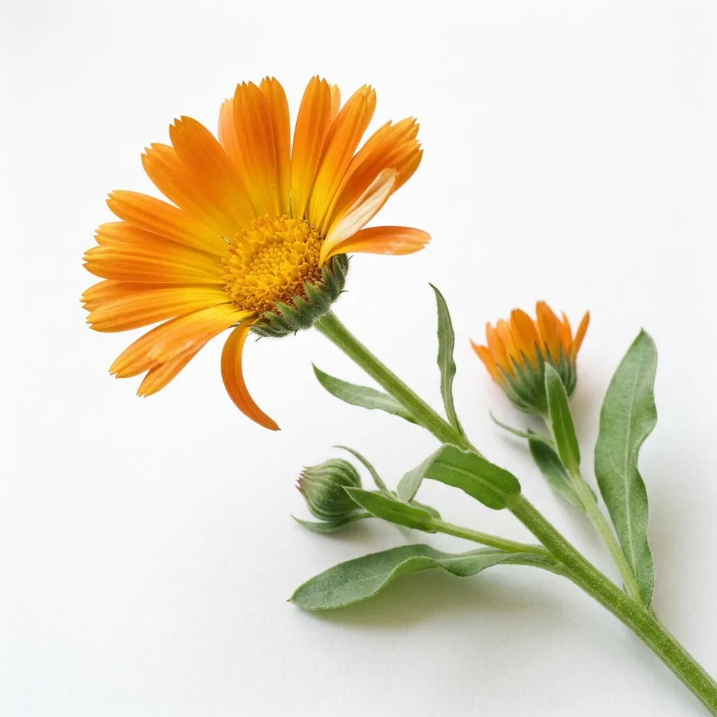 Tige fleurie de souci officinal (Calendula officinalis), capitule orange à cœur de fleurons tubulés, sur fond blanc — SemiSauvage