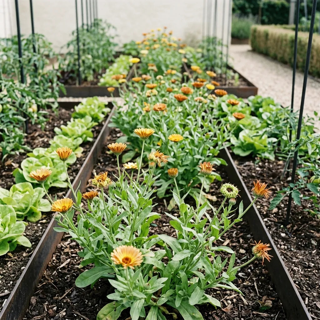Soucis semés entre les rangs de légumes, association classique au potager — SemiSauvage