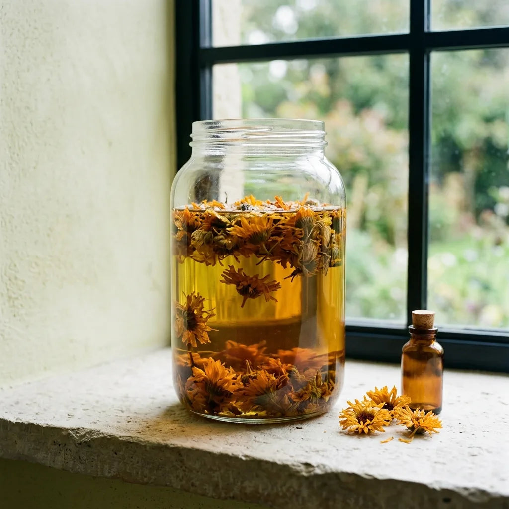 Macérât huileux de calendula en cours d'infusion sur un appui de fenêtre — SemiSauvage