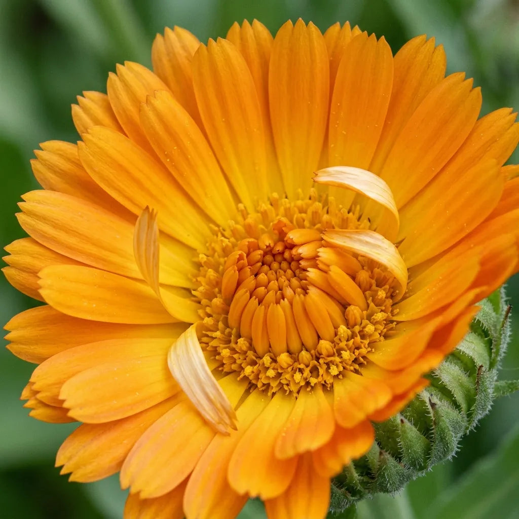 Macro d'un capitule de souci officinal : ligules à trois dents et fleurons tubulés du cœur — SemiSauvage