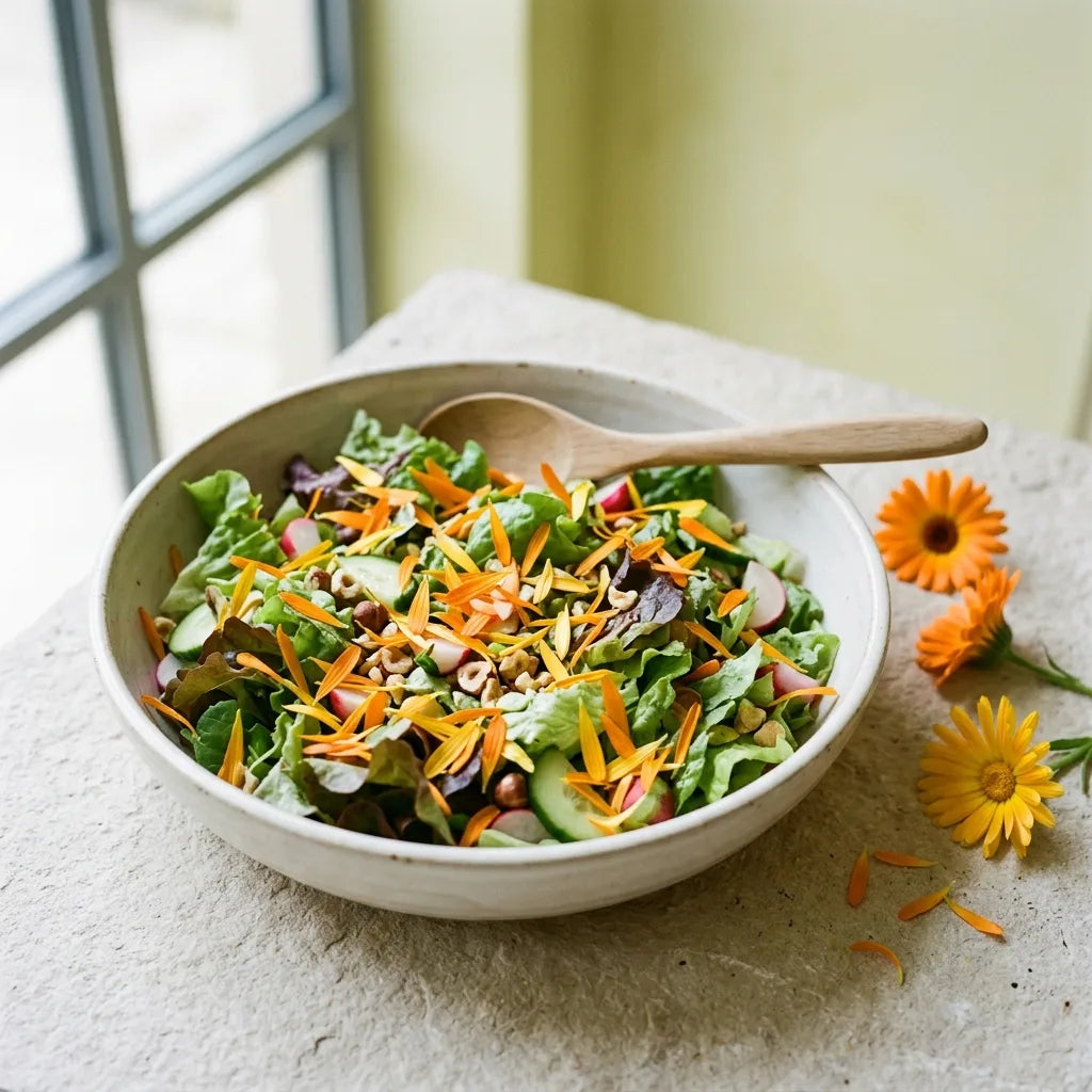 Salade d'été parsemée de pétales de souci, fleur comestible dite safran du pauvre — SemiSauvage