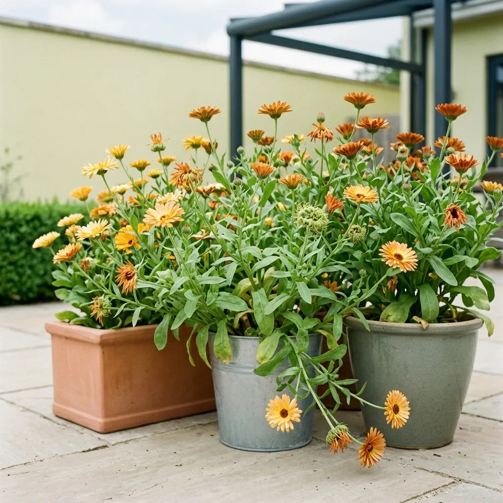Potées de soucis officinaux sur la terrasse d'un jardin contemporain — SemiSauvage