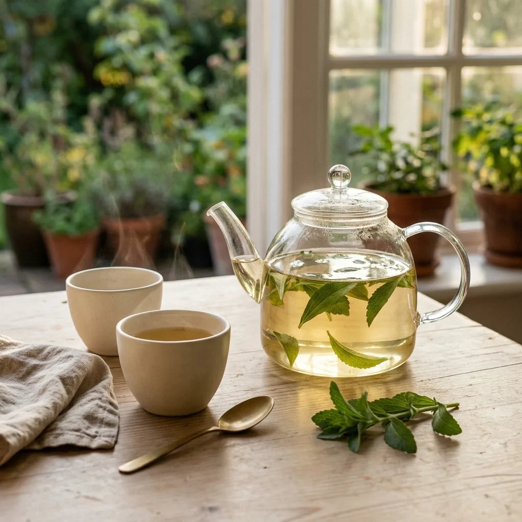 Infusion de feuilles fraîches de stévia en théière de verre, en véranda