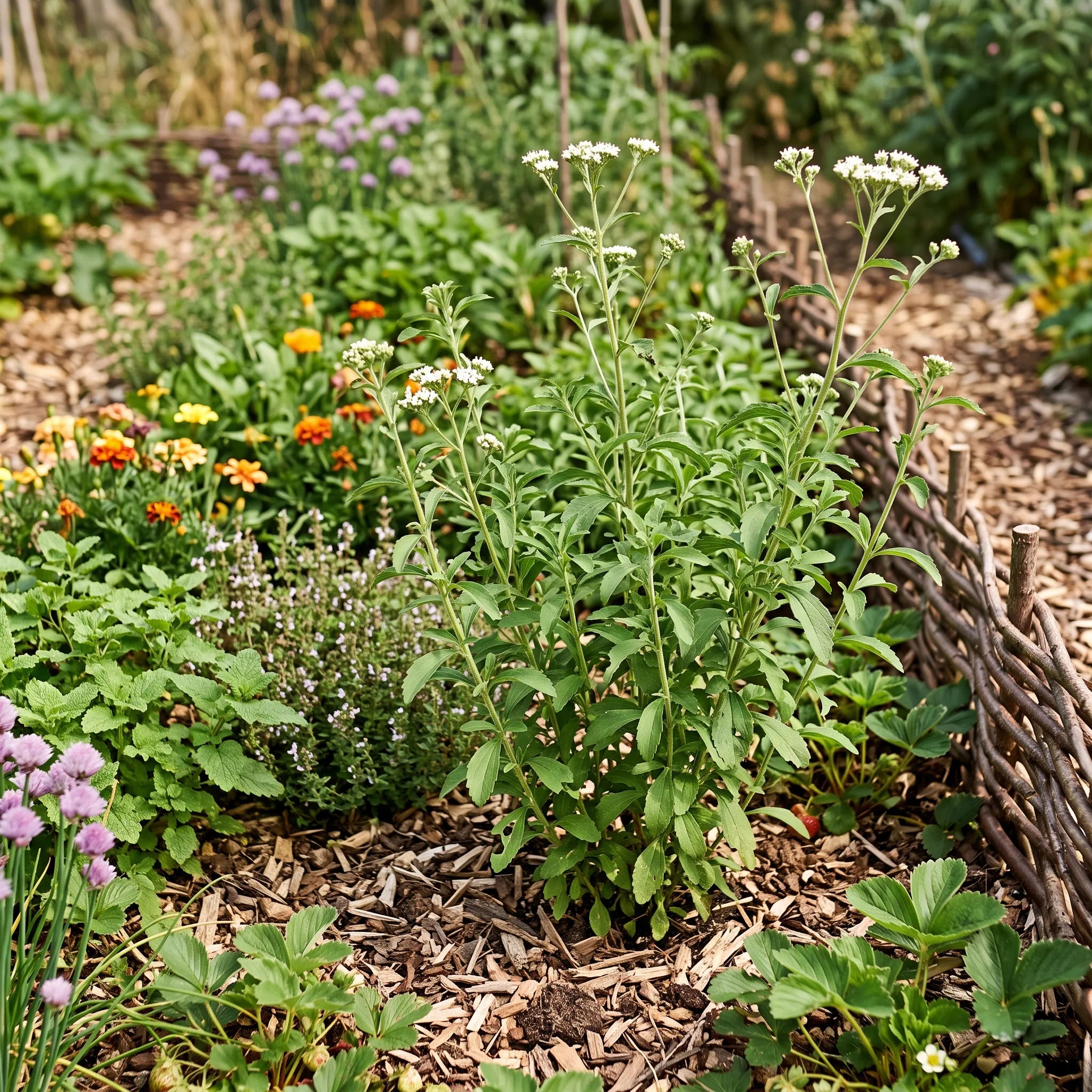 Pied de stévia dans un carré d'aromatiques de potager en permaculture